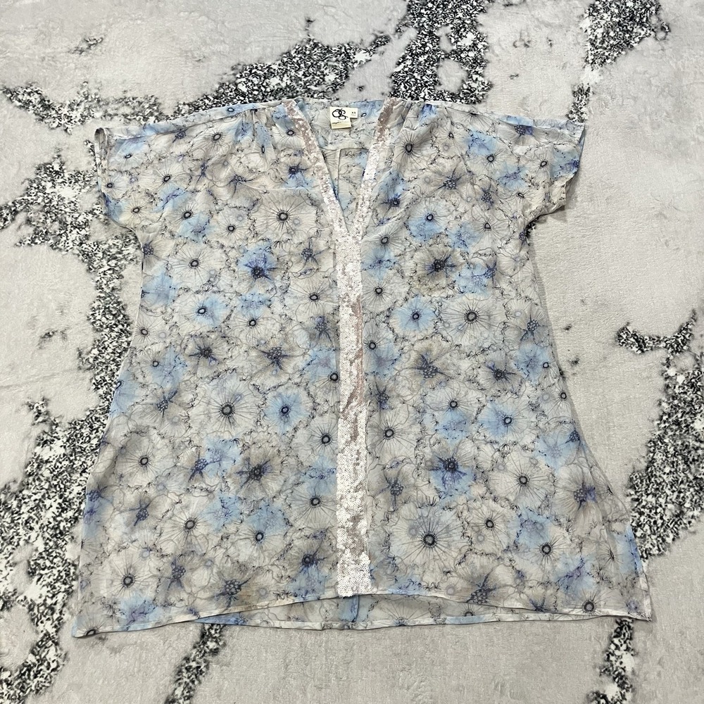 One September XS‎ Sheer Floral Blouse Blue Sequin Trim V-Neck Boho Top Festive